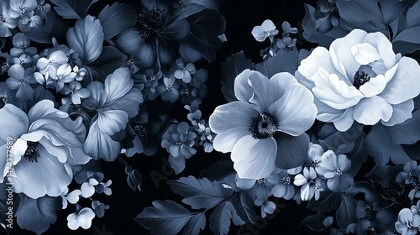 Fototapeta Blue toned flowers and leaves create a floral pattern nature background.