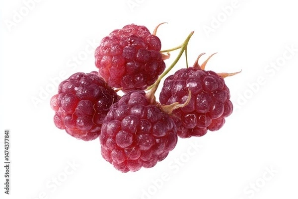 Fototapeta Close-up of four ripe raspberries on a white background.