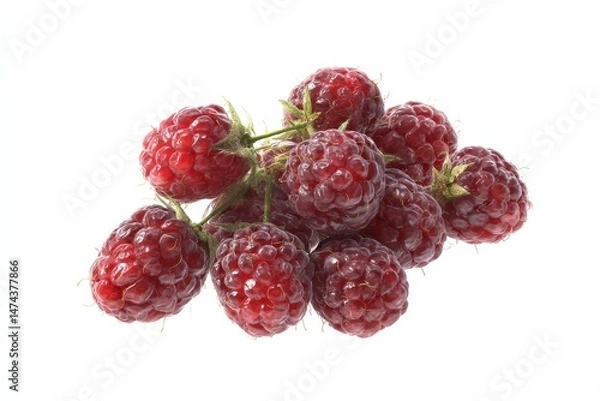 Fototapeta A cluster of ripe raspberries, vibrant red against a white background.