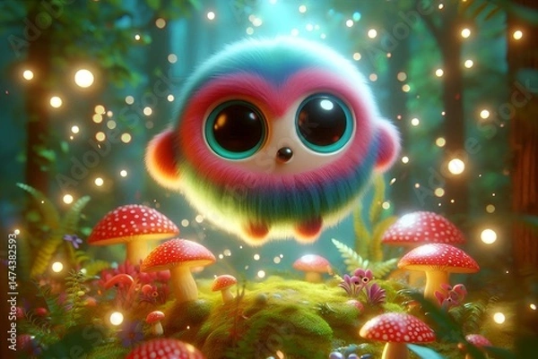 Fototapeta Whimsical 3D Creature with Soft Fur Hovering in a Mystical Forest Scene