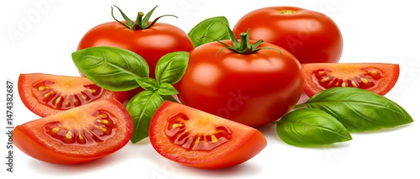 Obraz Fresh tomatoes and basil leaves arranged elegantly on a clean white background