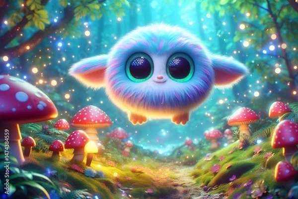 Obraz Colorful 3D Fantasy Creature with Big Eyes Floating in a Glowing Enchanted Forest