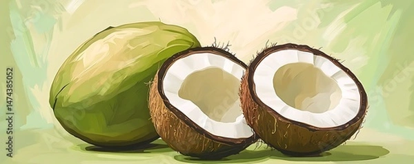 Fototapeta Fresh coconut in linear style, natural green tones, simple and elegant design