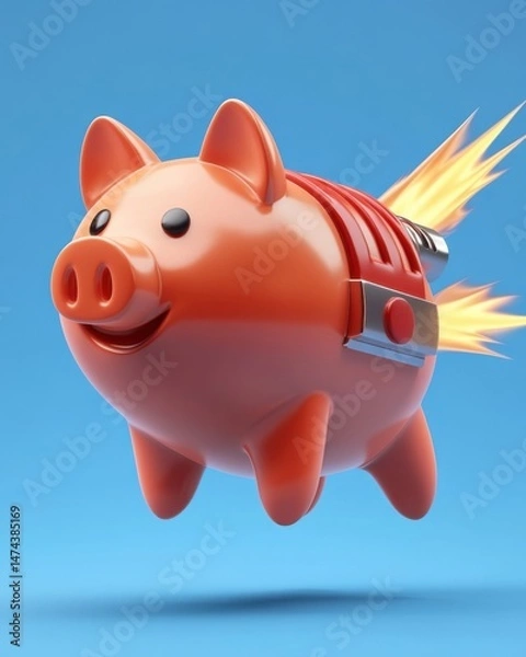 Fototapeta Piggy bank soars with rocket power against blue sky symbolizing financial growth and investment success in 3D render