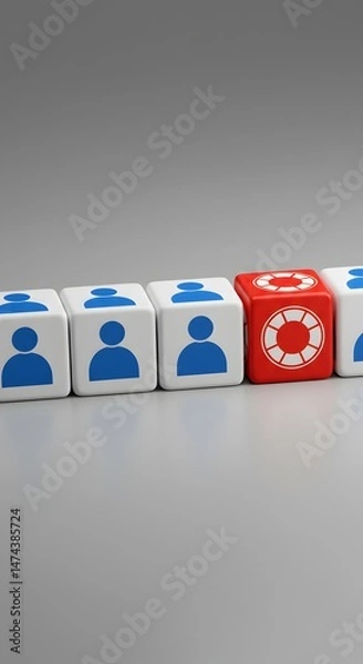 Obraz A lifebuoy surrounded by human icons on gray background, symbolizing psychological support, emotional rescue, and guidance during stress, anxiety, crisis, or mental health challenges.








