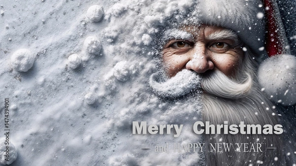 Fototapeta Christmas poster of Santa Claus with heavy snow, Happy New Year in December.