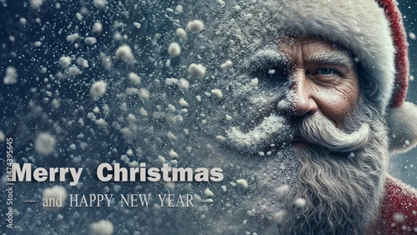 Fototapeta Christmas poster of Santa Claus in the middle of a heavy snowstorm, Happy New Year.