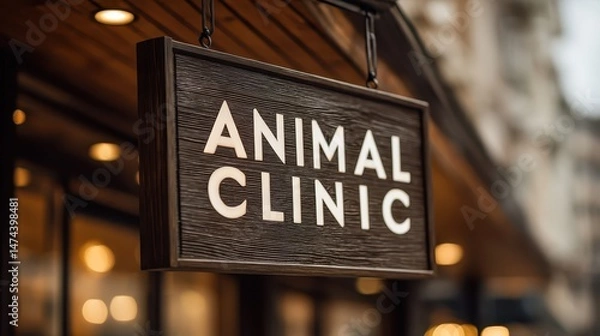 Fototapeta A welcoming pet clinic features a wooden sign displaying the words Animal Clinic. The comfortable atmosphere encourages pet owners to seek care for their pets, ensuring excellent service