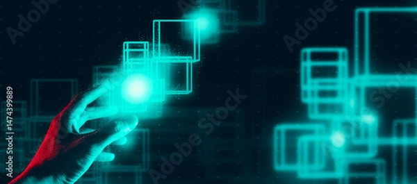 Fototapeta The hand of a businessman interactive touching a holographic of a financial network, symbolizing the possession of technology artificial intelligence