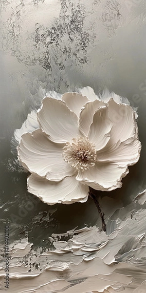 Fototapeta A large white flower with gold accents and soft strokes on a muted grey background, blending abstract art with floral elegance in oil painting