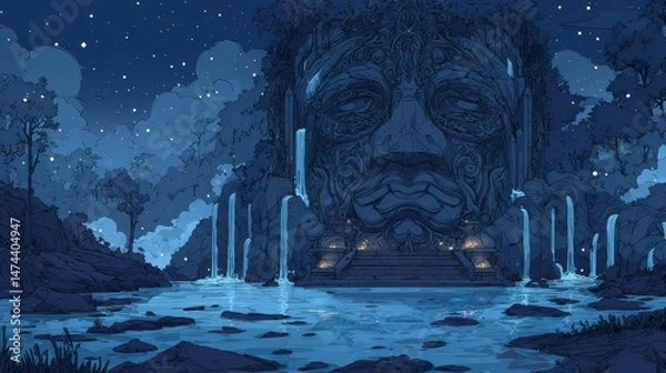 Fototapeta A massive stone sculpture with detailed carvings stands majestically, illuminated by glowing lights. Waterfalls cascade into a serene body of water, under a starry night sky