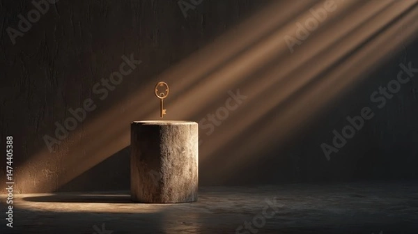 Fototapeta A key appears to levitate above a stone pedestal, bathed in warm rays of light. The surrounding darkness enhances the glowing effect, creating a mysterious atmosphere