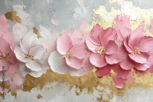 Fototapeta Abstract oil painting featuring pink and white flowers on a light grey background, accented with gold, capturing the beauty of nature and modern elegance in a minimalistic design