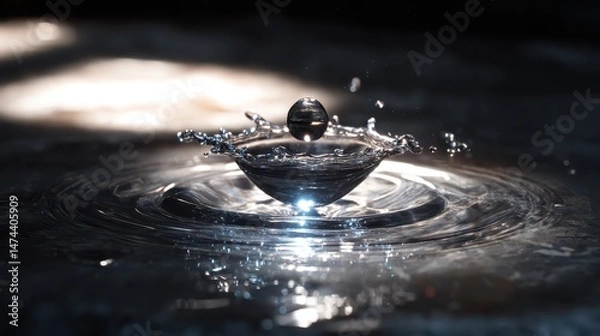 Fototapeta A striking moment captures fluid metal in a splash, forming a crown around a floating solid. Light highlights the motion against a dark background, bringing energy to the scene