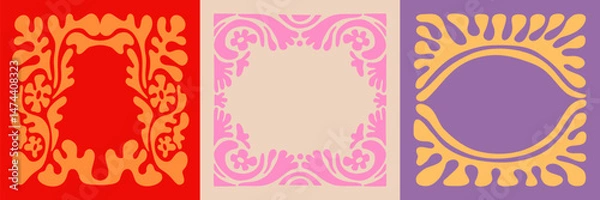 Fototapeta Vector illustration in simple naive and hippie groovy style, flowers and plants, floral botanic hand drawn design templates, frames and modern art prints, posters and placards with copy space