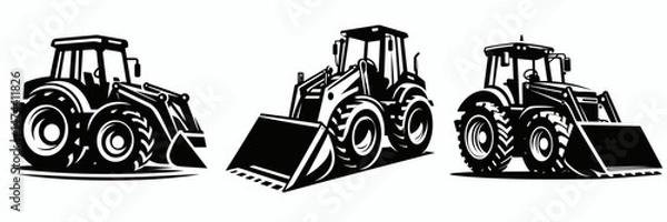 Obraz Tractor Loader. Construction Tools Builder Repair Renovation Worker Clipart Line Art Vector Illustration. Agricultural motor earthmoving equipment front end lift mechanism farm vehicle.