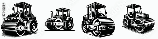 Obraz Road Roller. Construction Tools Builder Repair Renovation Worker Clipart Line Art Vector Illustration. Asphalt compression equipment industrial paving machine for surface compacting.