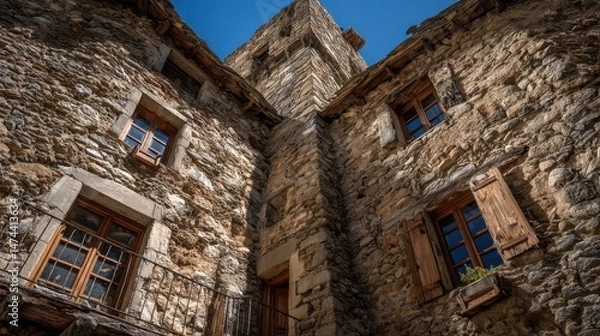 Fototapeta A view of a medieval tower house showcasing its sturdy stone walls and wooden windows under a bright blue sky. This historic architecture stands in a quaint village