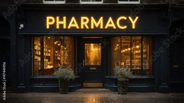 Fototapeta Located on a quiet street, this simple pharmacy showcases glowing signage that reads PHARMACY. Warm light spills from the interior, inviting customers inside at dusk