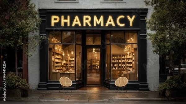 Fototapeta The exterior of a minimalist pharmacy features a large illuminated sign with the word pharmacy. Two chairs are positioned outside, creating a welcoming atmosphere in the evening light