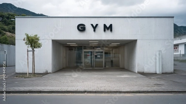 Fototapeta A minimalist gym features a sleek white concrete exterior with a large, bold sign. The entrance is welcoming, set against cloudy skies, inviting fitness enthusiasts