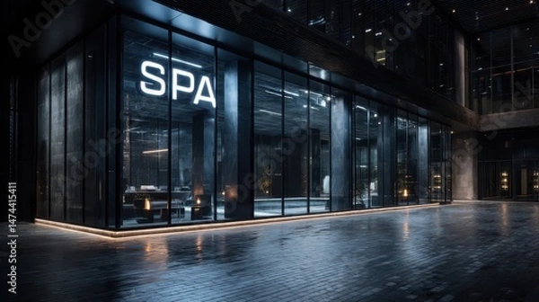 Fototapeta Located in a contemporary architecture, this spa center features elegant soft lighting that enhances the atmosphere of relaxation. The inviting entrance highlights a commitment to wellness