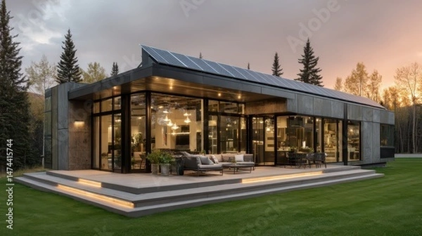 Fototapeta A modern modular prefab home with solar panels stands in an open grassy field. The sleek design is enhanced by large windows, showcasing a cozy interior illuminated by warm lighting at sunset