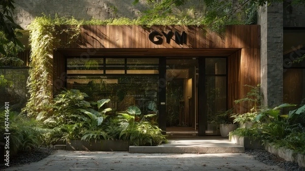 Fototapeta A modern gym integrates wood and glass design, promoting an eco-conscious lifestyle. Surrounded by vibrant greenery, it's an inviting space to exercise and connect with nature