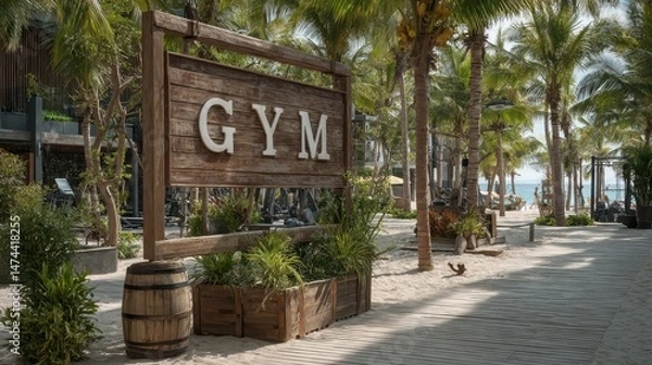 Fototapeta Bright and inviting, the beachside gym features palm trees and sandy paths. Fitness lovers engage in workouts while enjoying stunning ocean views