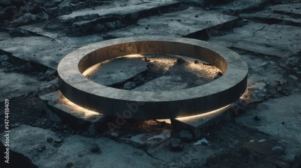Fototapeta An oversized metal ring sits prominently on broken, cracked earth, glowing softly in an industrial setting at dusk. The stark contrast highlights the surrounding decay and desolation