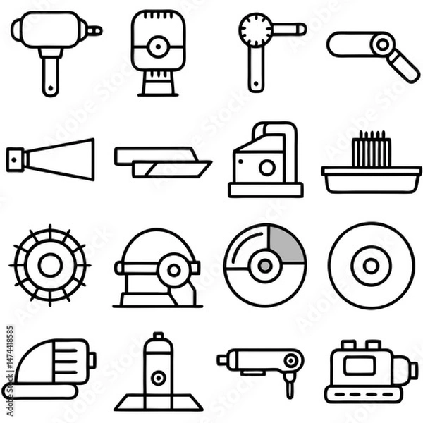 Fototapeta Line art icons featuring tools and various mechanical equipment