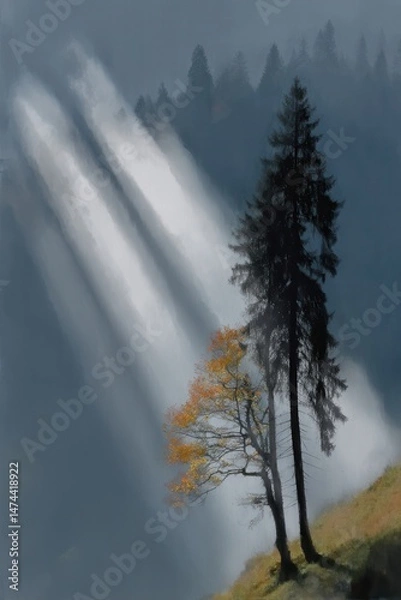 Obraz Misty with sun rays autumn trees