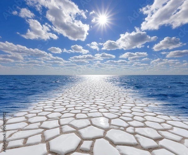 Fototapeta Surreal ocean view with hexagonal ice patterns vibrant clouds