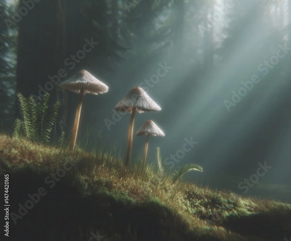 Obraz Magical scene with sunlight illuminating whimsical mushrooms