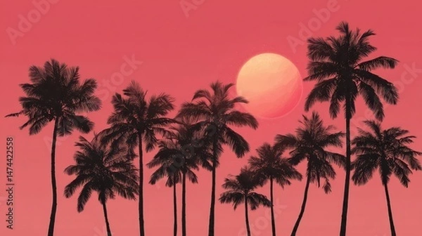 Fototapeta Palm trees stand tall as the sun sets in a stunning pink sky. This serene moment captures the beauty of a tropical evening, inviting relaxation and contemplation
