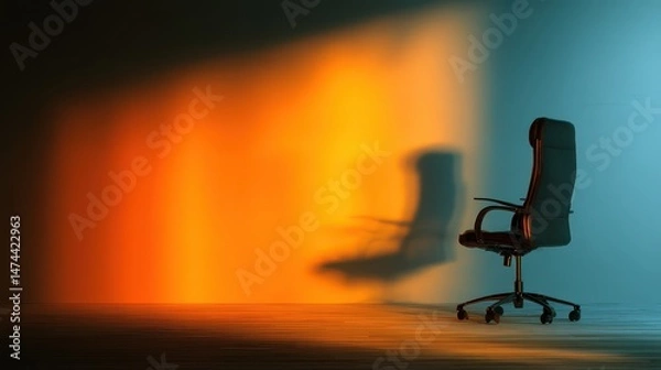 Fototapeta A black office chair stands alone in a workspace, illuminated by vibrant lighting that creates a striking shadow against the surface. The contrasting colors enhance the dramatic effect