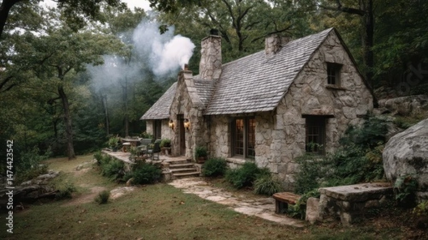 Fototapeta Nestled in a tranquil forest, a quaint mountain cottage features rustic stone walls and a cozy chimney exhaling gentle smoke, inviting warmth and comfort