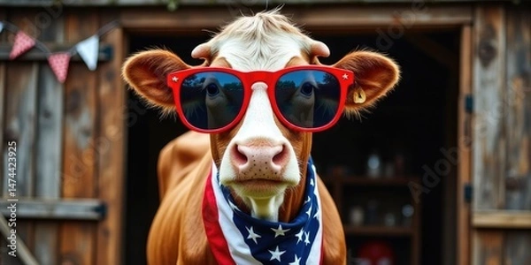 Fototapeta Stylish cow wearing american flag bandana and sunglasses in rustic barnyard setting.The 4th July and pet patriotism concept.