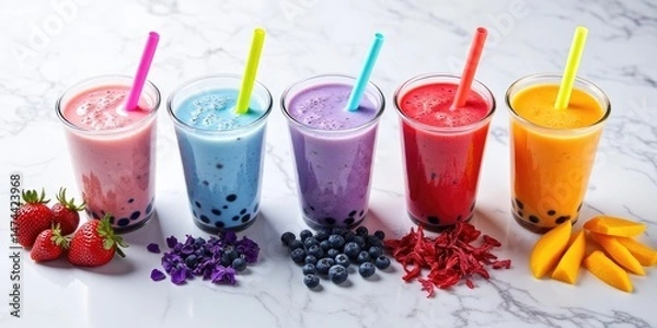 Fototapeta Colorful bubble tea arrangement with fresh fruit on marble surface