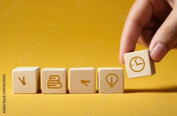 Fototapeta Prioritizing learning and time management.  A hand places a wooden block with a clock icon on a line of blocks with icons representing books, study, and location