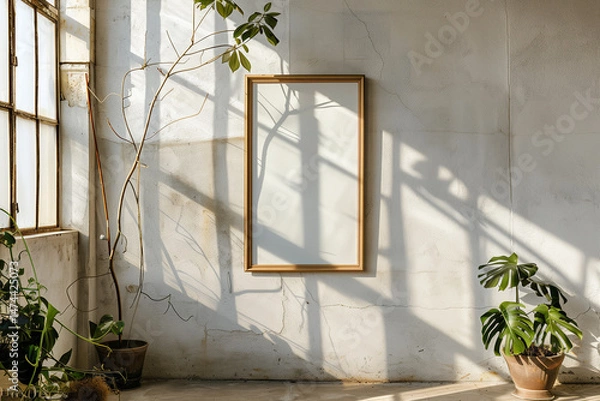 Obraz Blank Poster Mockup with Wooden Frame in Sunlight