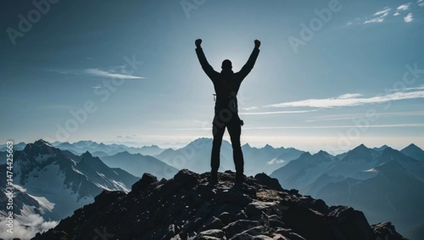 Fototapeta Silhouette of a person on a mountain peak at sunset, symbolizing freedom and the adventure of climbing