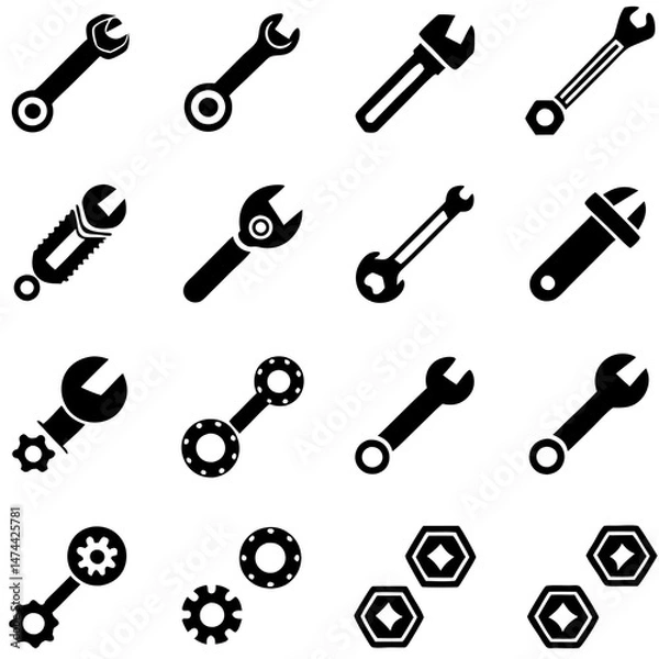 Fototapeta Collection of wrench and gear icons in black and white
