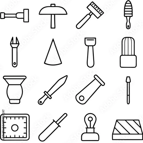 Fototapeta Outline illustration of various tools and geometric shapes