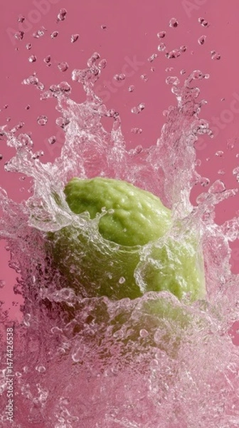 Fototapeta A vibrant splash of smoothie explodes upward in slow-motion, creating intricate water droplets. The scene features a green fruit at the center amidst a playful pink backdrop