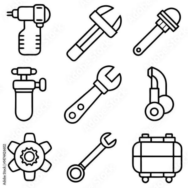 Obraz Outline icons of various tools, industrial and engineering