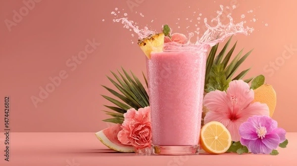Fototapeta A vibrant tropical smoothie splashes out of a glass surrounded by colorful flowers and fruit. The sunny ambiance enhances the refreshing feel of this delightful drink