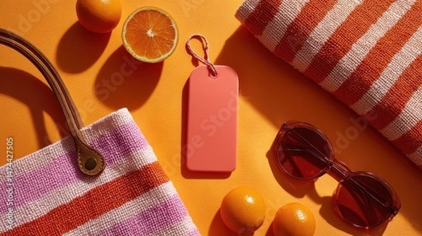 Fototapeta A vibrant flat lay arrangement features summer accessories including a striped bag, sunglasses, and fresh oranges