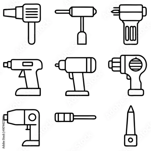 Obraz Black outline icon set of construction power tools