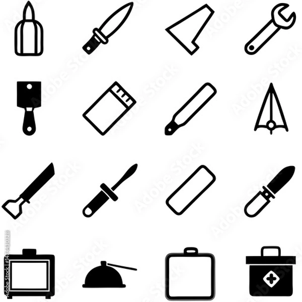 Fototapeta Outline icons of various tools and containers collection